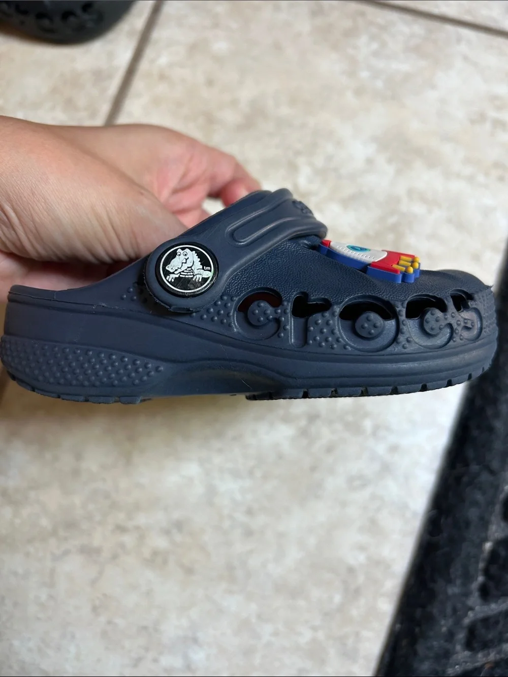 CROCS Kids Black and Navy Classic Clogs with Jibbitz